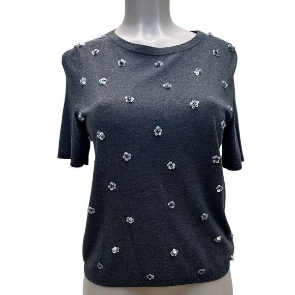 Talbots Sweater Women's Medium Petite Gray Crew Neck Sequin Flower Embellished - Picture 7 of 10